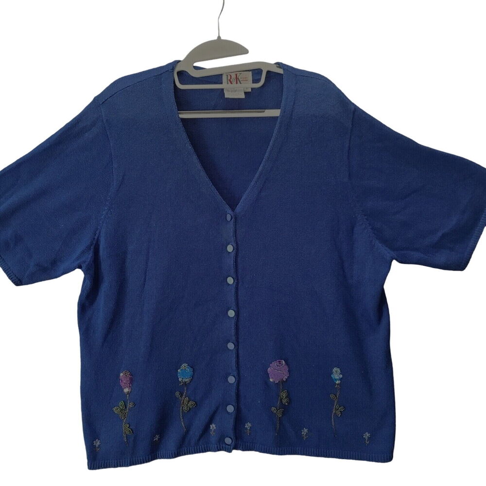 R&K Original Womens Button Up Sweater Blue Size NA Ranie Blend Short Sleeve
